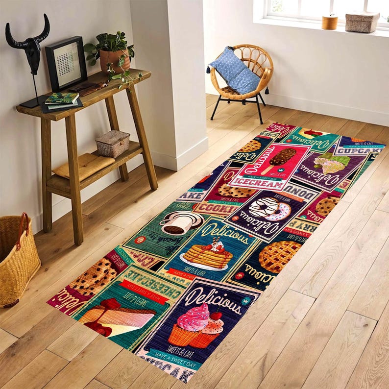 Retro Dessert Kitchen Runner Rug: Vintage Bakery Hallway Carpet, Non-Slip Machine-Washable