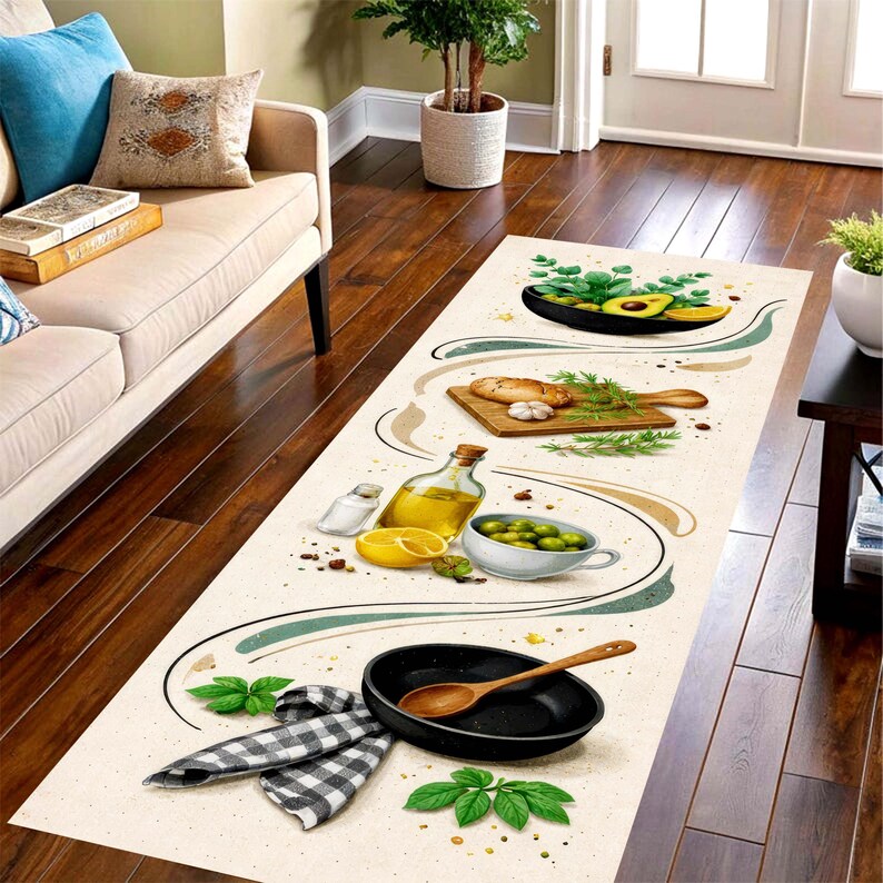 Mediterranean Olive Oil Kitchen Runner Rug: Herbs & Lemon Beige Hallway Carpet, Non-Slip Machine-Washable