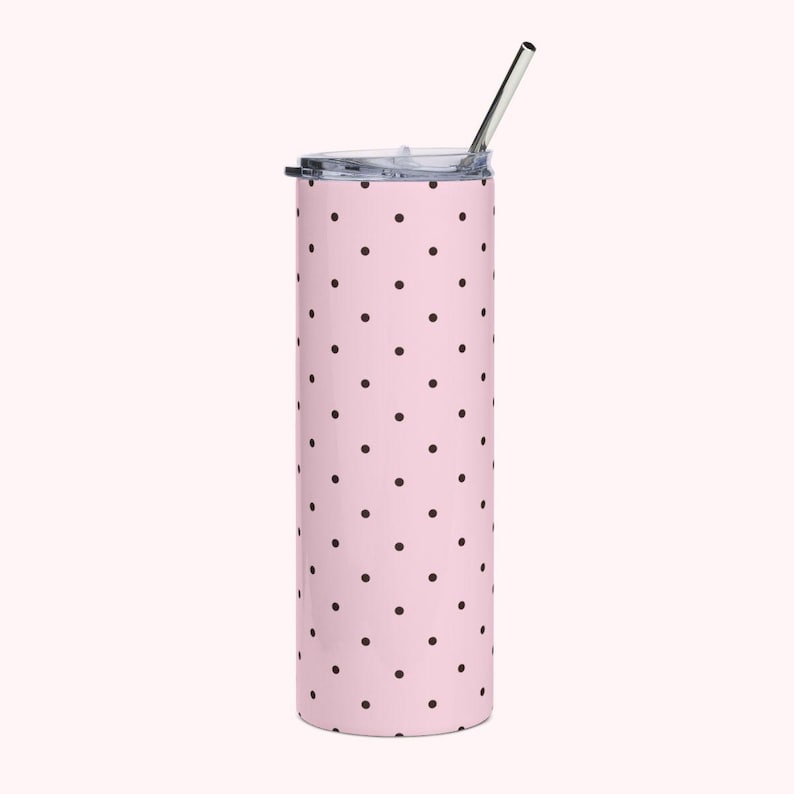 Insulated Polka Dot Water Bottle 20oz Stainless Steel Travel Tumbler with Reusable Metal Straw