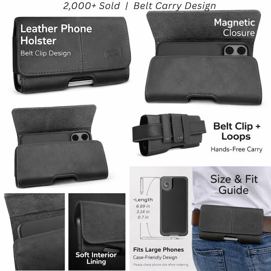 Leather Phone Holster with Belt Loop & Belt Clip, Universal Cell Phone Pouch, Belt Phone Case Fits iPhone Samsung Google Pixel
