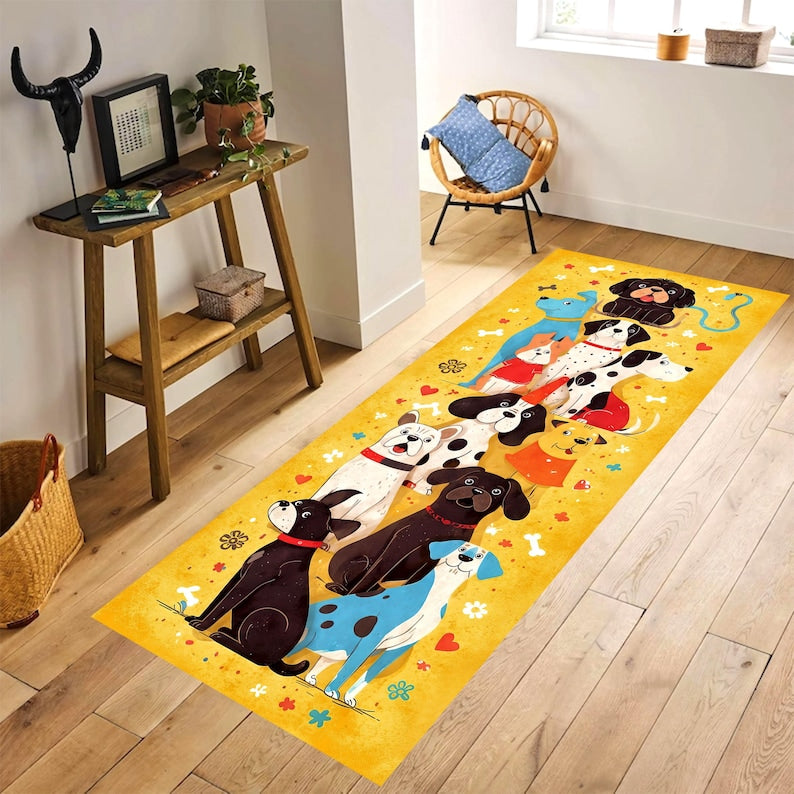 Whimsical Dog Parade Runner Rug: Yellow Cartoon Dogs Hallway Carpet, Non-Slip Machine-Washable