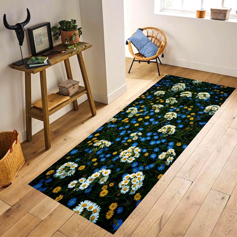 Wildflower Daisy Runner Rug: Blue Yellow Floral Meadow Hallway Carpet, Machine-Washable Non-Slip