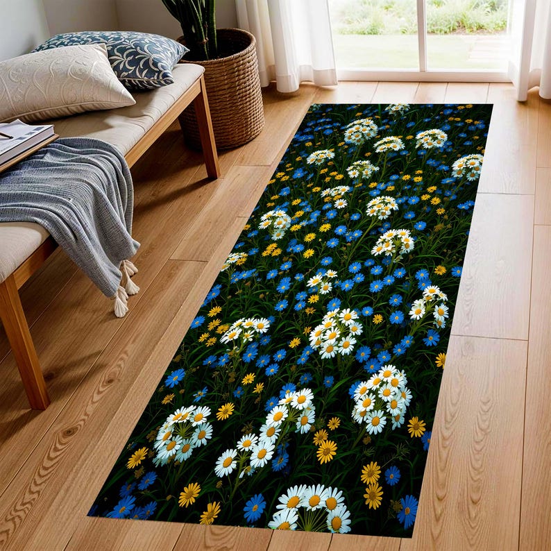 Wildflower Daisy Runner Rug: Blue Yellow Floral Meadow Hallway Carpet, Machine-Washable Non-Slip