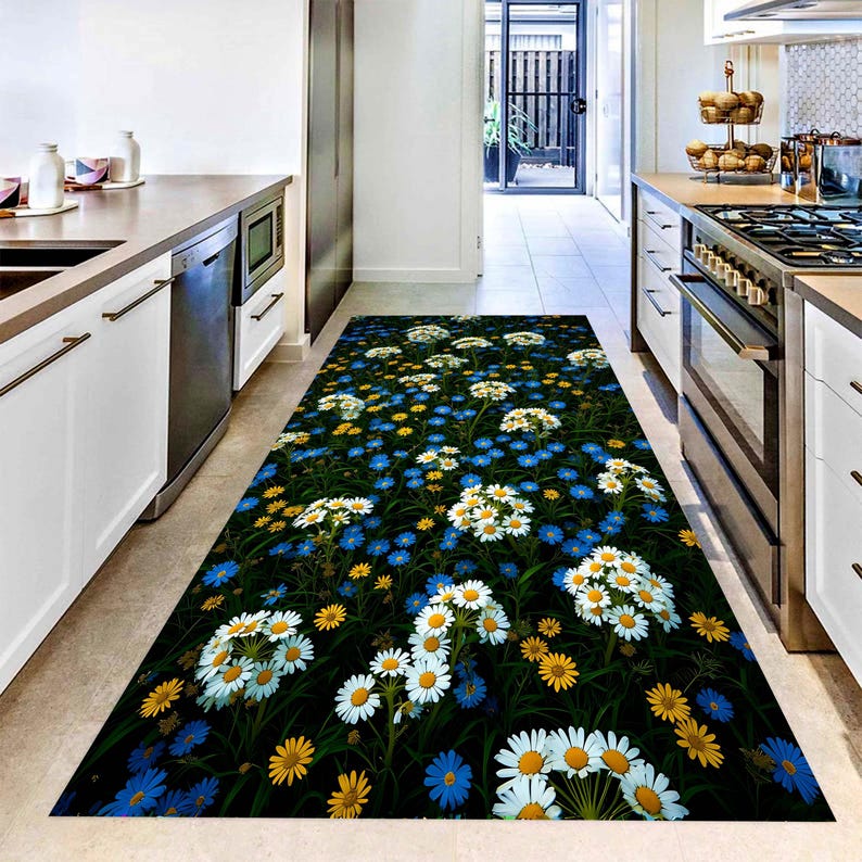 Wildflower Daisy Runner Rug: Blue Yellow Floral Meadow Hallway Carpet, Machine-Washable Non-Slip