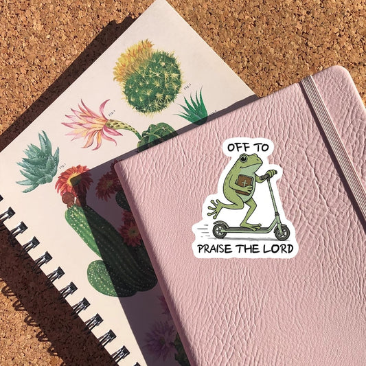 Off To Praise The Lord Frog Sticker, Funny Christian Meme Decal