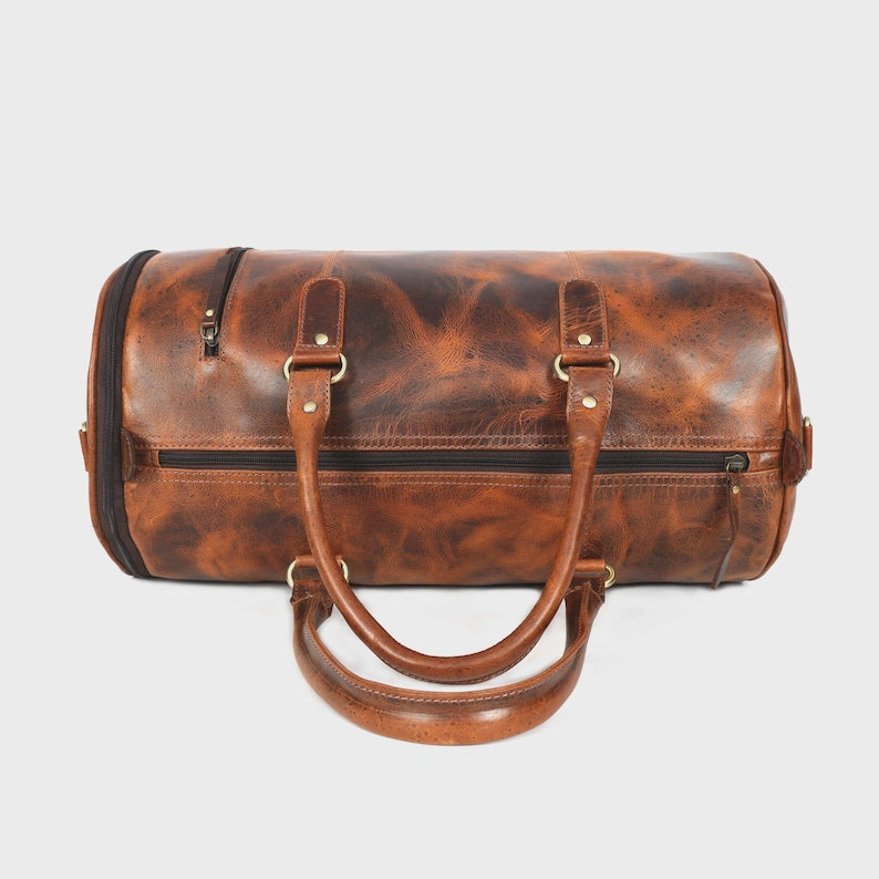 Full Grain Leather Gym Duffle Bag with Shoe Compartment ā Vintage Weekender Carry On