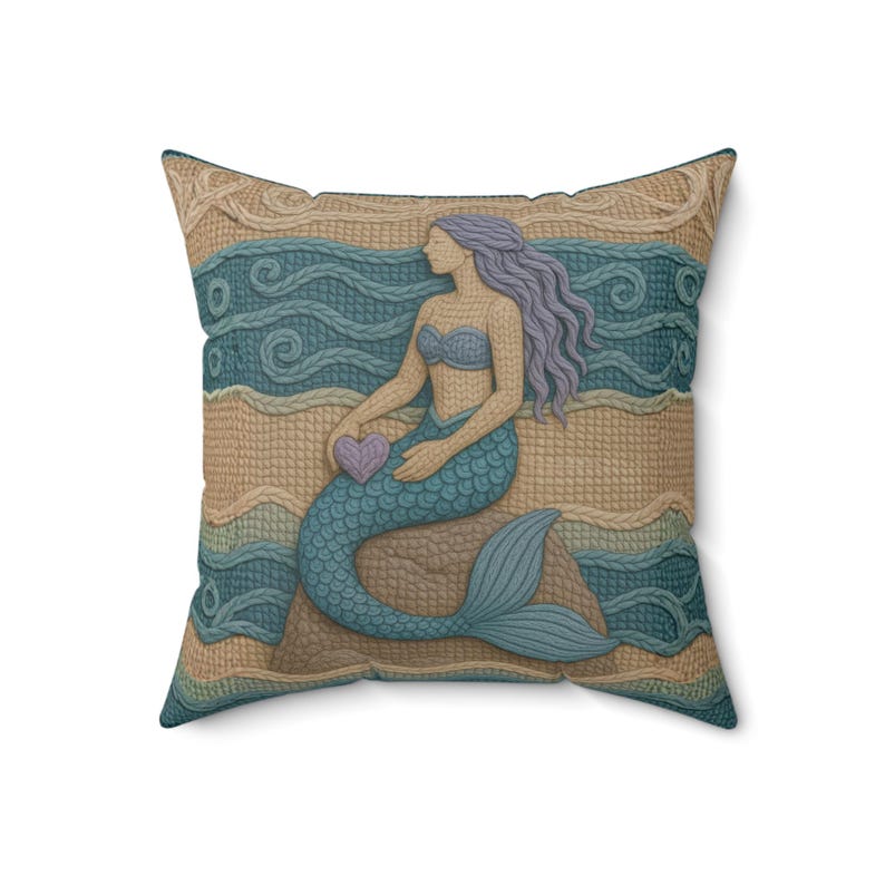 Mermaid Throw Pillow Coastal Boho Decor, Macrame Style Inspired Ocean Cushion, Neutral Beach House Accent