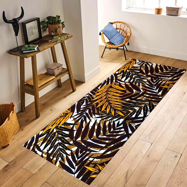 Golden Tropical Foliage Runner Rug: Dark Botanical Hallway Carpet, Non-Slip Machine-Washable
