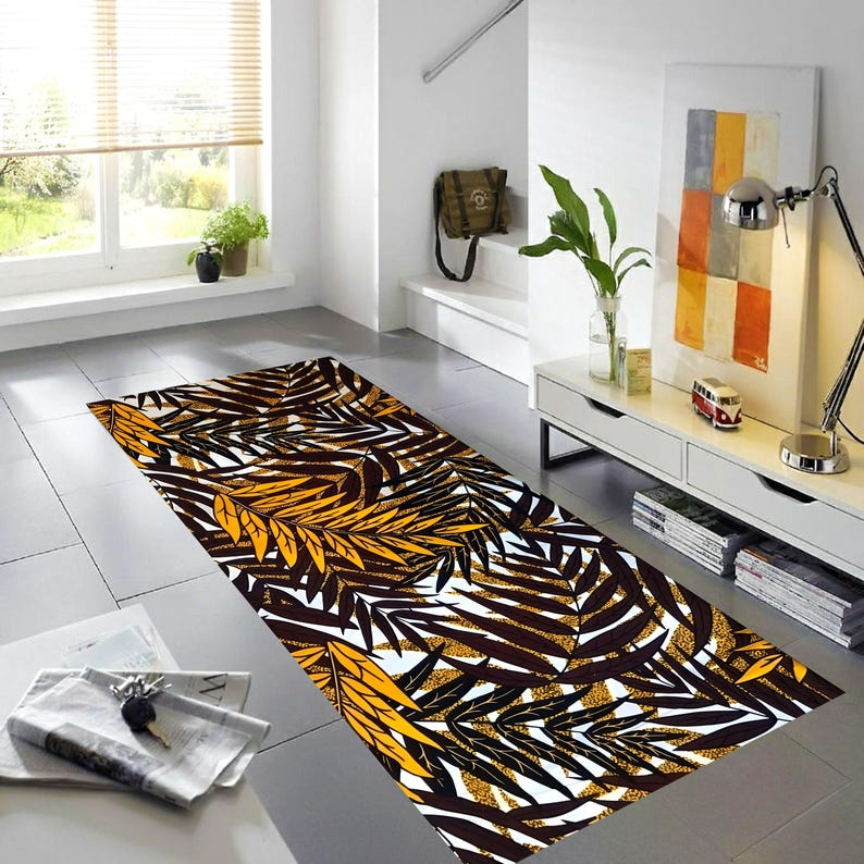 Golden Tropical Foliage Runner Rug: Dark Botanical Hallway Carpet, Non-Slip Machine-Washable