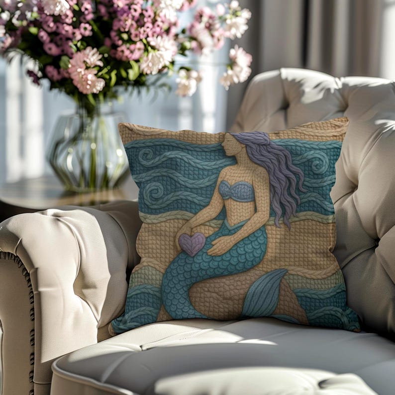 Mermaid Throw Pillow Coastal Boho Decor, Macrame Style Inspired Ocean Cushion, Neutral Beach House Accent