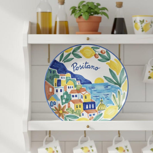 Positano Inspired Ceramic Plate Colorful Amalfi Coast Landscape Wall Art Decor Including Stand