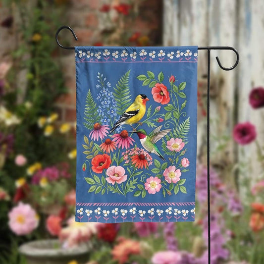 Hummingbird Goldfinch Floral Garden Flag, Cottagecore Spring Yard Decor