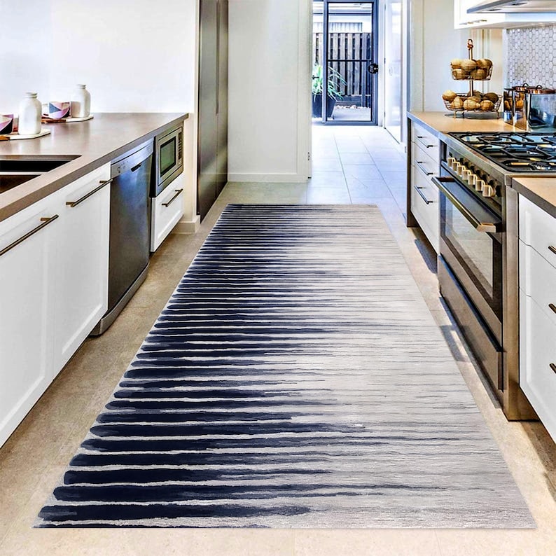Navy Ombre Printed Runner Rug: Modern Striped Carpet, Non-Slip Machine-Washable
