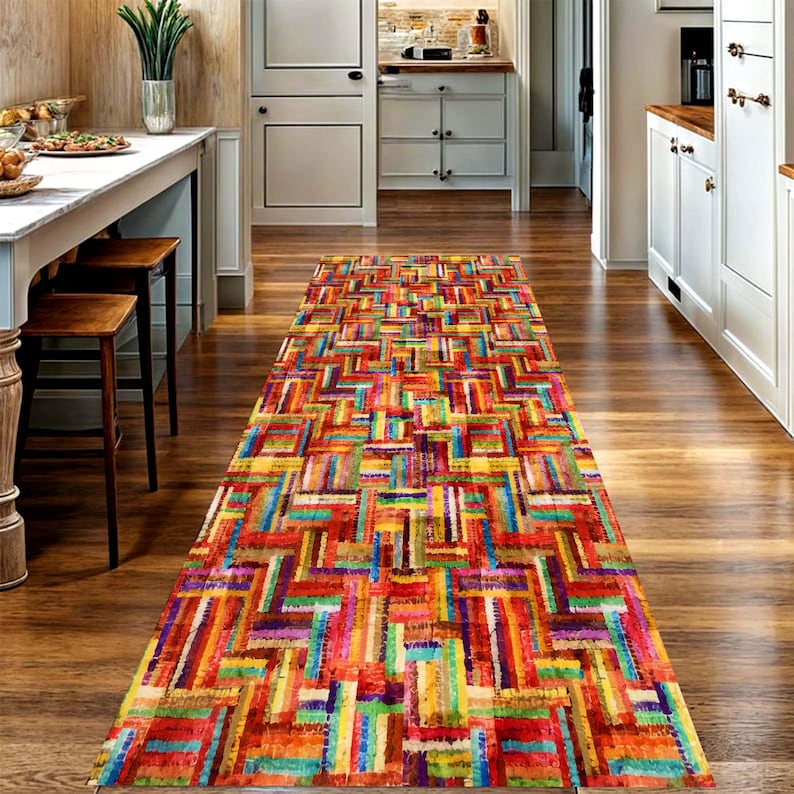 Colorful Boho Patchwork Runner Rug: Geometric Rainbow Hallway Carpet, Machine-Washable Non-Slip