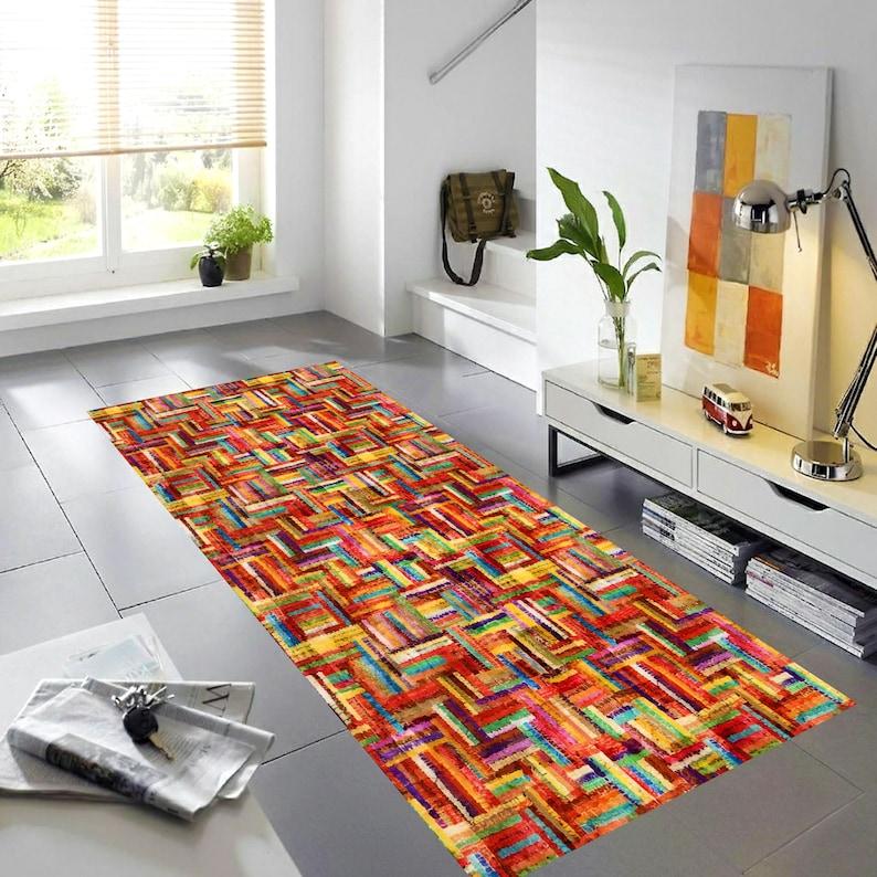 Colorful Boho Patchwork Runner Rug: Geometric Rainbow Hallway Carpet, Machine-Washable Non-Slip