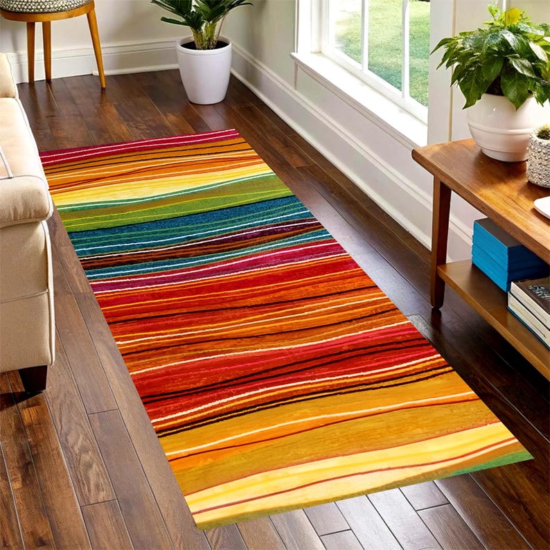 Sunset Stripe Runner Rug: Warm Boho Colors, Machine-Washable Non-Slip
