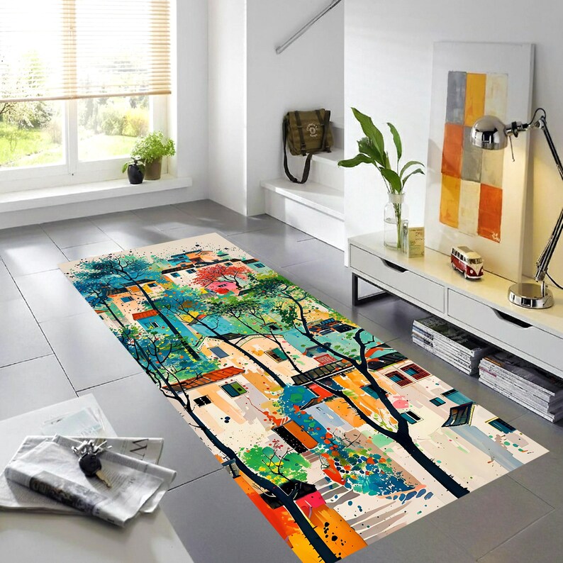 Color Splash Village Runner Rug: Abstract Town Hallway Carpet, Machine-Washable Non-Slip