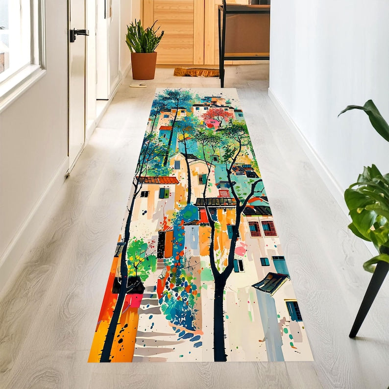Color Splash Village Runner Rug: Abstract Town Hallway Carpet, Machine-Washable Non-Slip