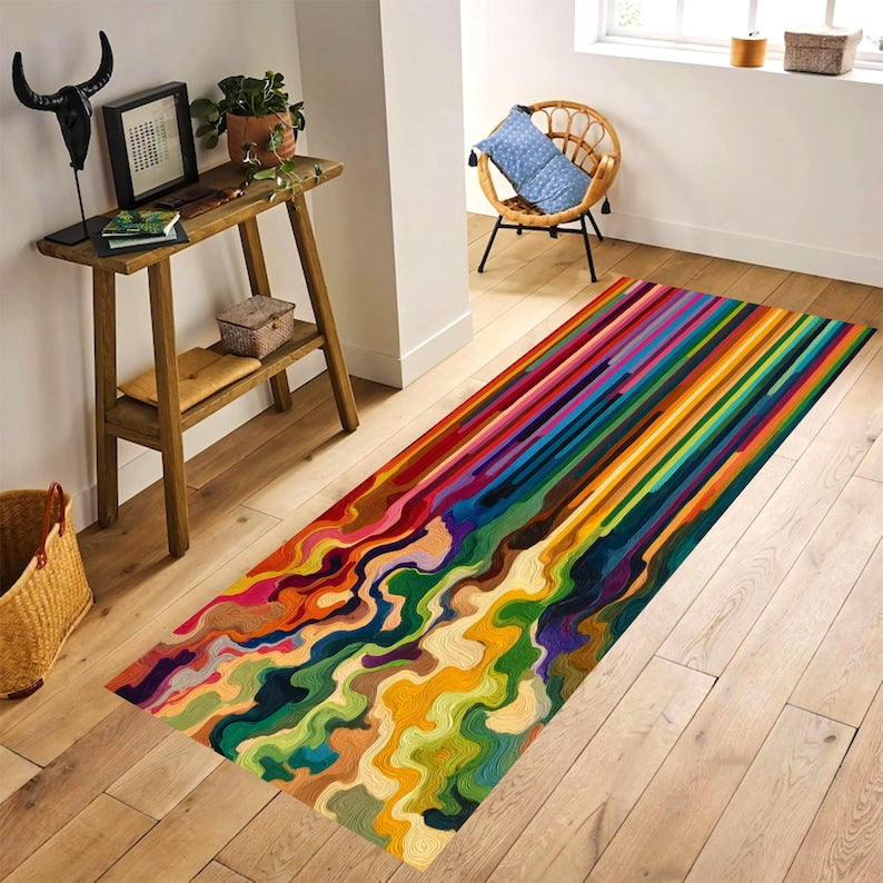 Colorful Abstract Paint Pour Printed Runner Rug: Modern Rainbow Drip Carpet, Machine-Washable Non-Slip