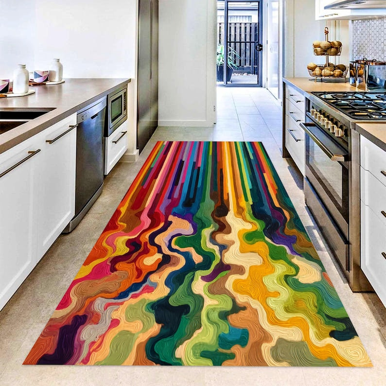 Colorful Abstract Paint Pour Printed Runner Rug: Modern Rainbow Drip Carpet, Machine-Washable Non-Slip