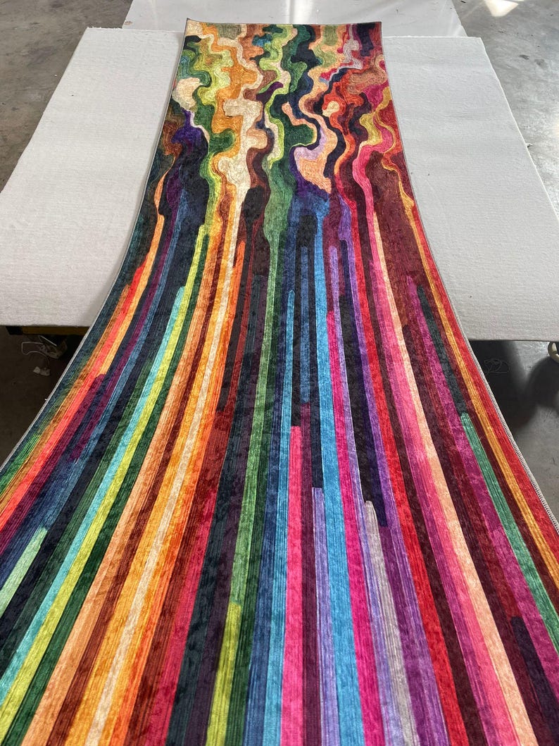 Colorful Abstract Paint Pour Printed Runner Rug: Modern Rainbow Drip Carpet, Machine-Washable Non-Slip