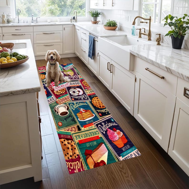 Retro Dessert Kitchen Runner Rug: Vintage Bakery Hallway Carpet, Non-Slip Machine-Washable