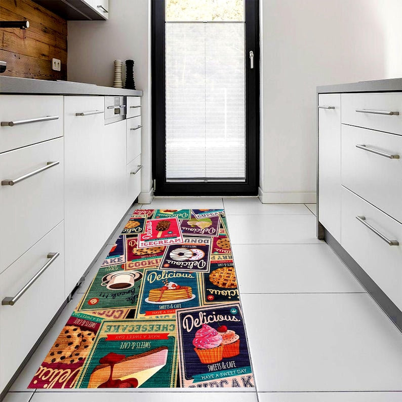 Retro Dessert Kitchen Runner Rug: Vintage Bakery Hallway Carpet, Non-Slip Machine-Washable