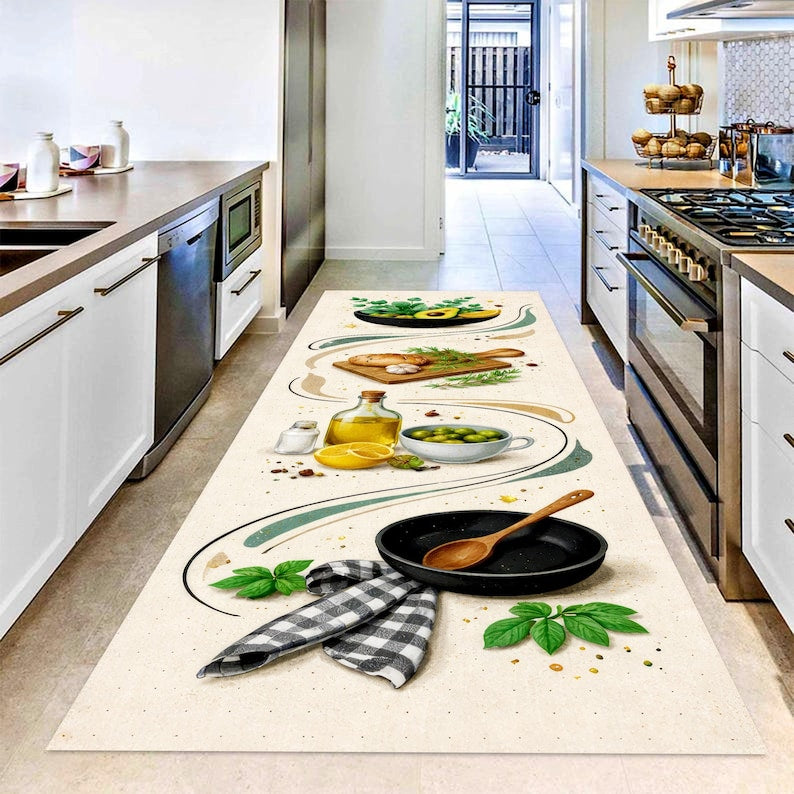 Mediterranean Olive Oil Kitchen Runner Rug: Herbs & Lemon Beige Hallway Carpet, Non-Slip Machine-Washable