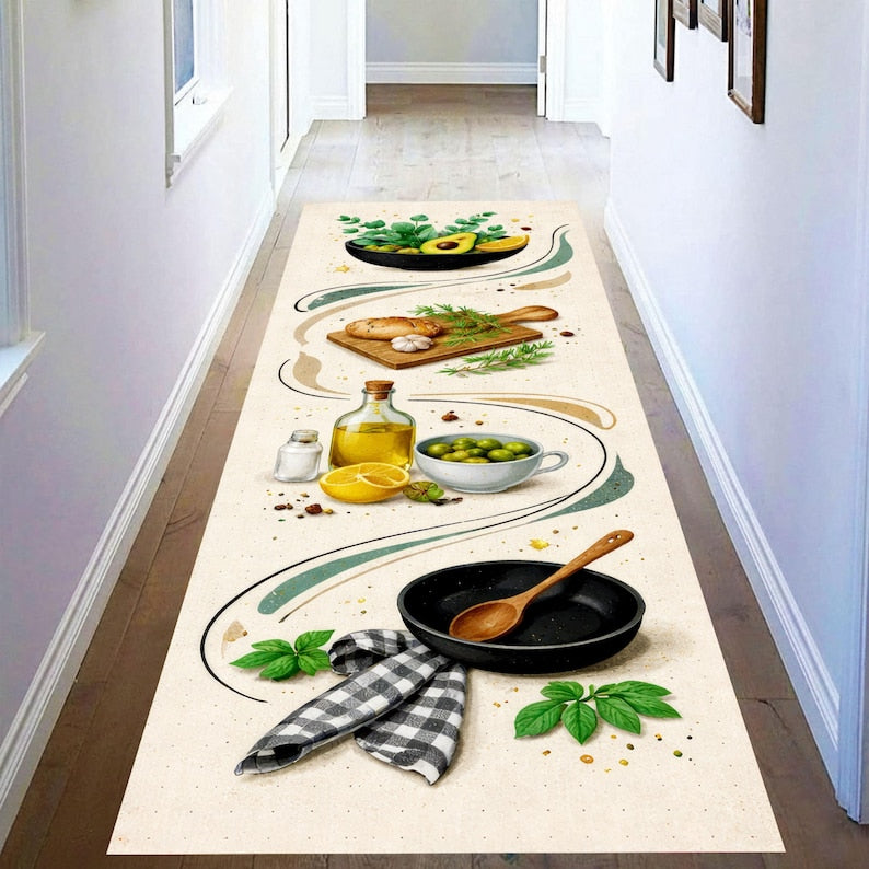 Mediterranean Olive Oil Kitchen Runner Rug: Herbs & Lemon Beige Hallway Carpet, Non-Slip Machine-Washable