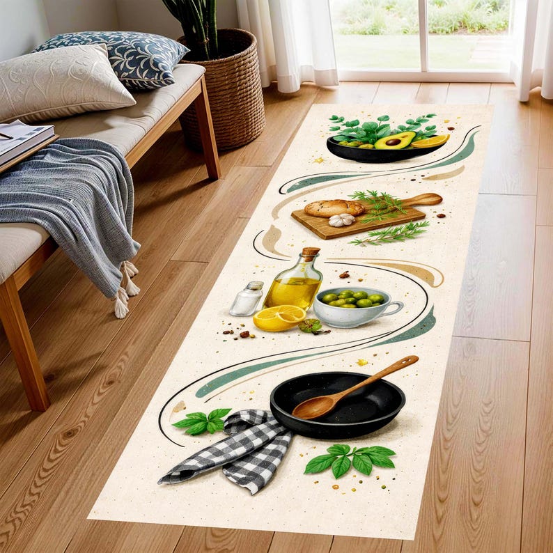 Mediterranean Olive Oil Kitchen Runner Rug: Herbs & Lemon Beige Hallway Carpet, Non-Slip Machine-Washable