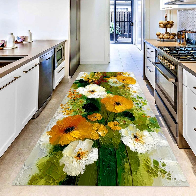 Impasto Wildflower Runner Rug: Yellow White Floral Hallway Carpet, Machine-Washable Non-Slip