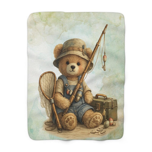 Fishing Nursery Sherpa Blanket, Teddy Bear Baby Boy Throw, Watercolor Fisherman Baby Gift, Rustic Lake House Nursery Decor