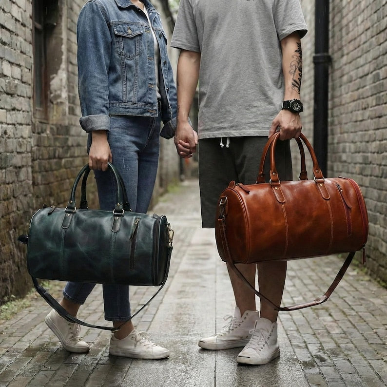 Full Grain Leather Gym Duffle Bag with Shoe Compartment ā Vintage Weekender Carry On
