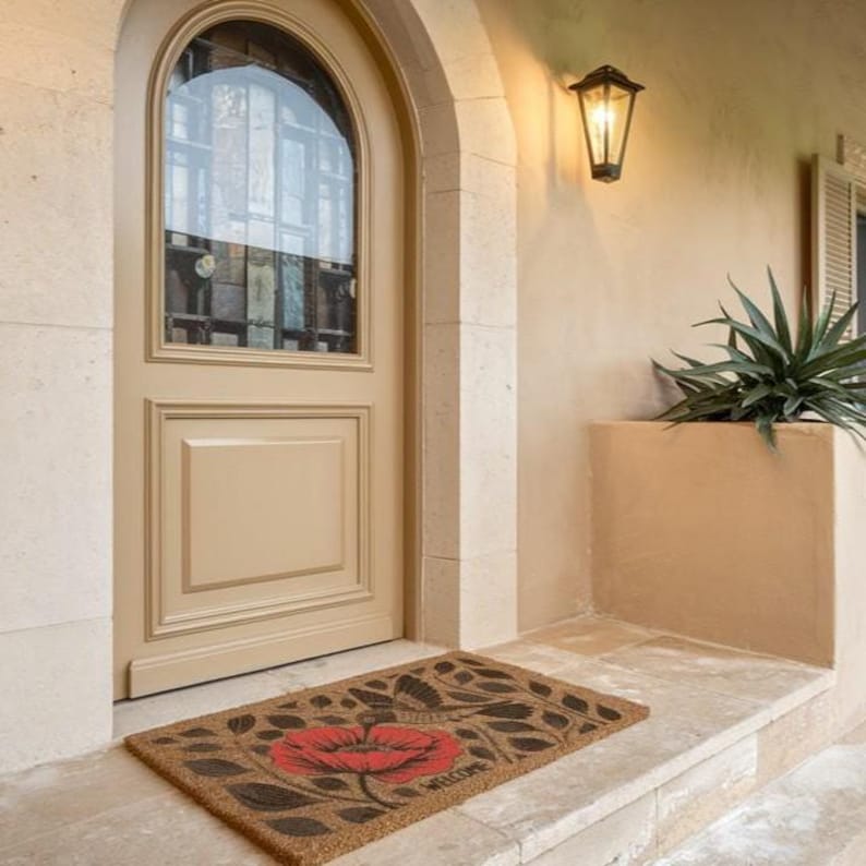 Hummingbird Poppy Coir Doormat, Nature Inspired Floral Entryway Rug