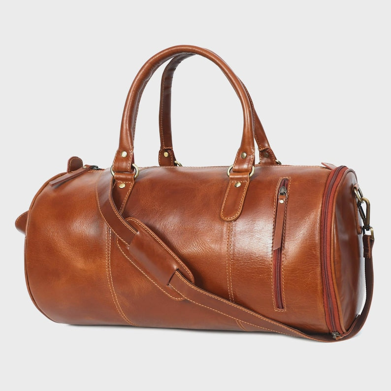 Full Grain Leather Gym Duffle Bag with Shoe Compartment ā Vintage Weekender Carry On