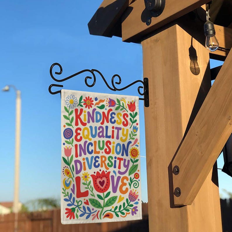 Social Justice Garden Flag: Kindness Equality Inclusion Diversity Love, Retro Floral Yard Sign