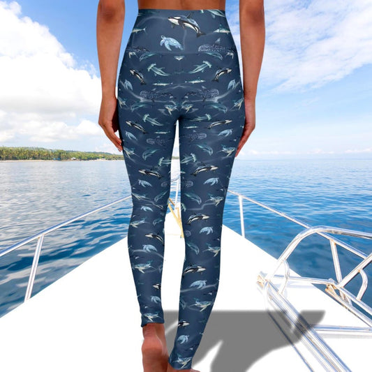 Ocean Marine Life Leggings High Waisted, Dolphin Whale Shark Sea Turtle Yoga Pants, Coastal Workout Leggings, Ocean Lover Activewear