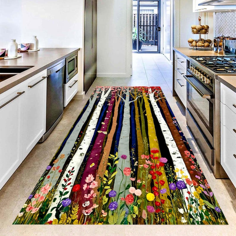 Colorful Birch Tree Runner Rug: Wildflower Forest Hallway Carpet, Machine-Washable Non-Slip