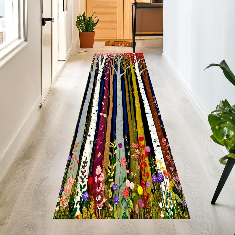 Colorful Birch Tree Runner Rug: Wildflower Forest Hallway Carpet, Machine-Washable Non-Slip