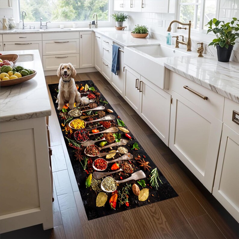 Rustic Spice Spoon Kitchen Runner Rug: Herb and Chili Culinary Farmhouse Carpet, Non-Slip Machine-Washable