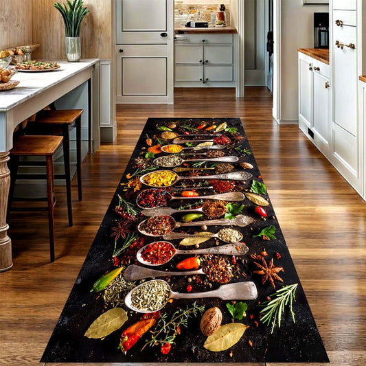 Rustic Spice Spoon Kitchen Runner Rug: Herb and Chili Culinary Farmhouse Carpet, Non-Slip Machine-Washable