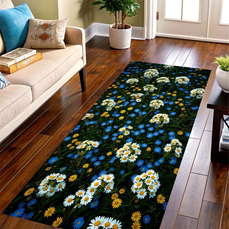 Wildflower Daisy Runner Rug: Blue Yellow Floral Meadow Hallway Carpet, Machine-Washable Non-Slip