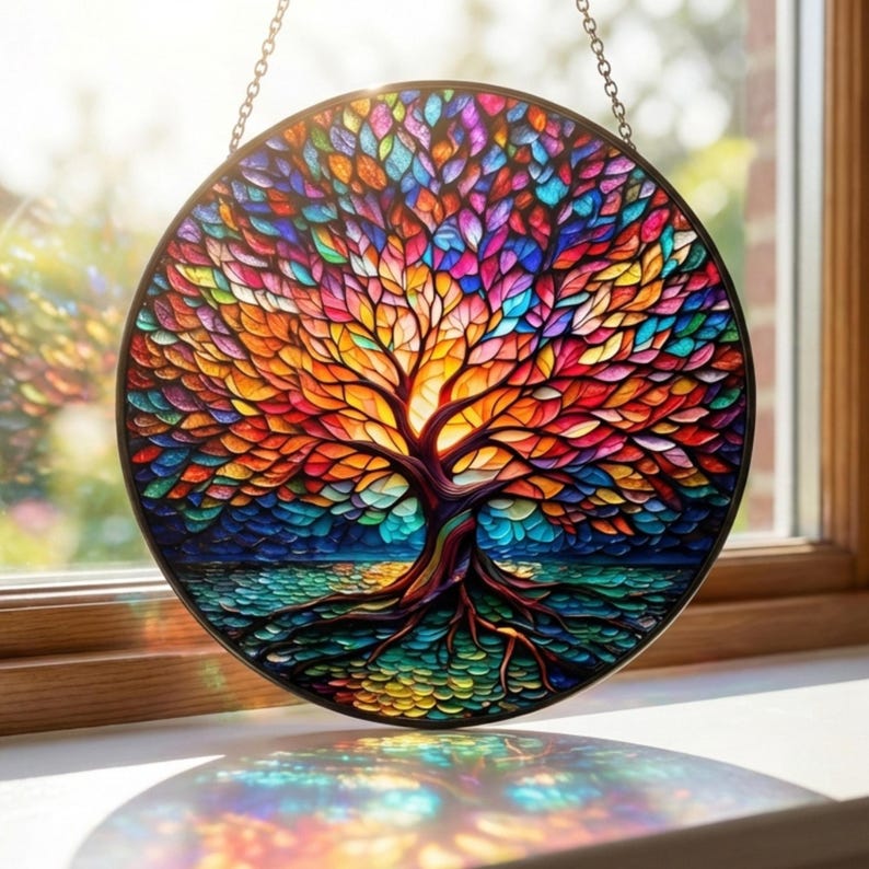 Colorful Tree of Life Suncatcher, Stained Glass Window Hanging, Rainbow Glass Art Decor, Spiritual Gift, Home Window Ornament