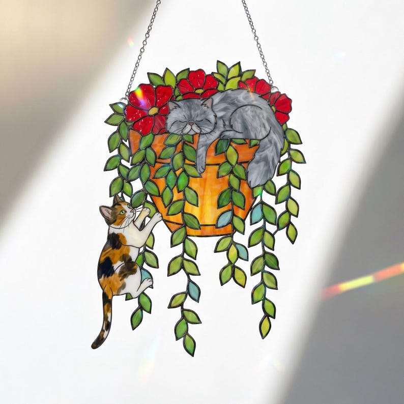 Custom Orchid Cat Suncatcher, Personalized Stained Acrylic Window Hanging, Cute Cats with Purple Flowers, Cat Lover Gift, Home Decor Art