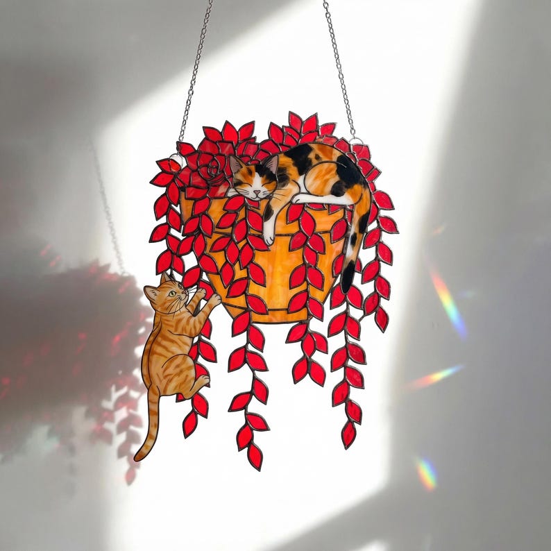 Custom Orchid Cat Suncatcher, Personalized Stained Acrylic Window Hanging, Cute Cats with Purple Flowers, Cat Lover Gift, Home Decor Art