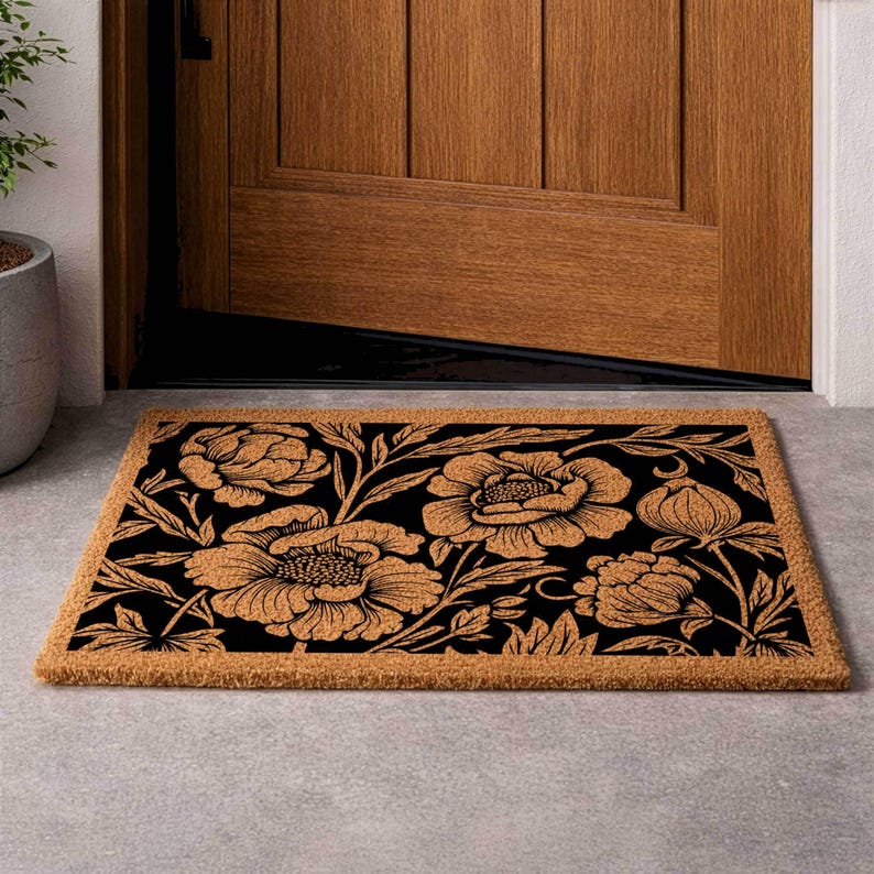 Black Floral Coir Doormat, Vintage Botanical Welcome Mat, Natural Entryway Rug