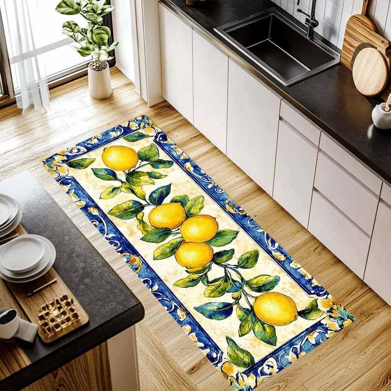 Lemon Branch Kitchen Runner Rug: Mediterranean Citrus Floor Carpet, Non-Slip Machine-Washable