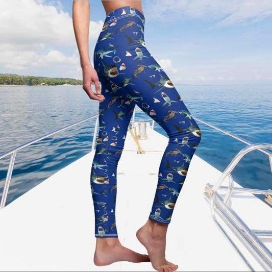 Shark Leggings Mid Rise Ocean Print Lightweight Soft Coastal Beach Activewear Womens Fishing Gift