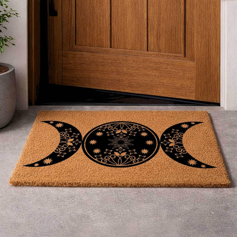 Triple Moon Doormat, Celestial Boho Wiccan Decor, Natural Coir Welcome Mat