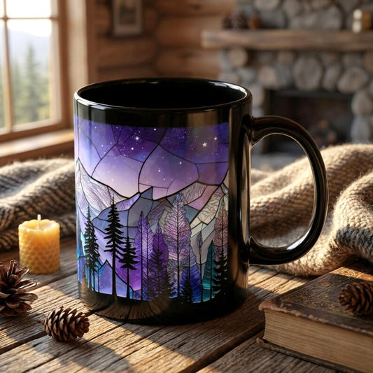 Stained Glass Mountain Night Sky Mug, Nature Lover Gift, Galaxy Forest Mug, Celestial Mountain Mug, Hiking Gift For Her